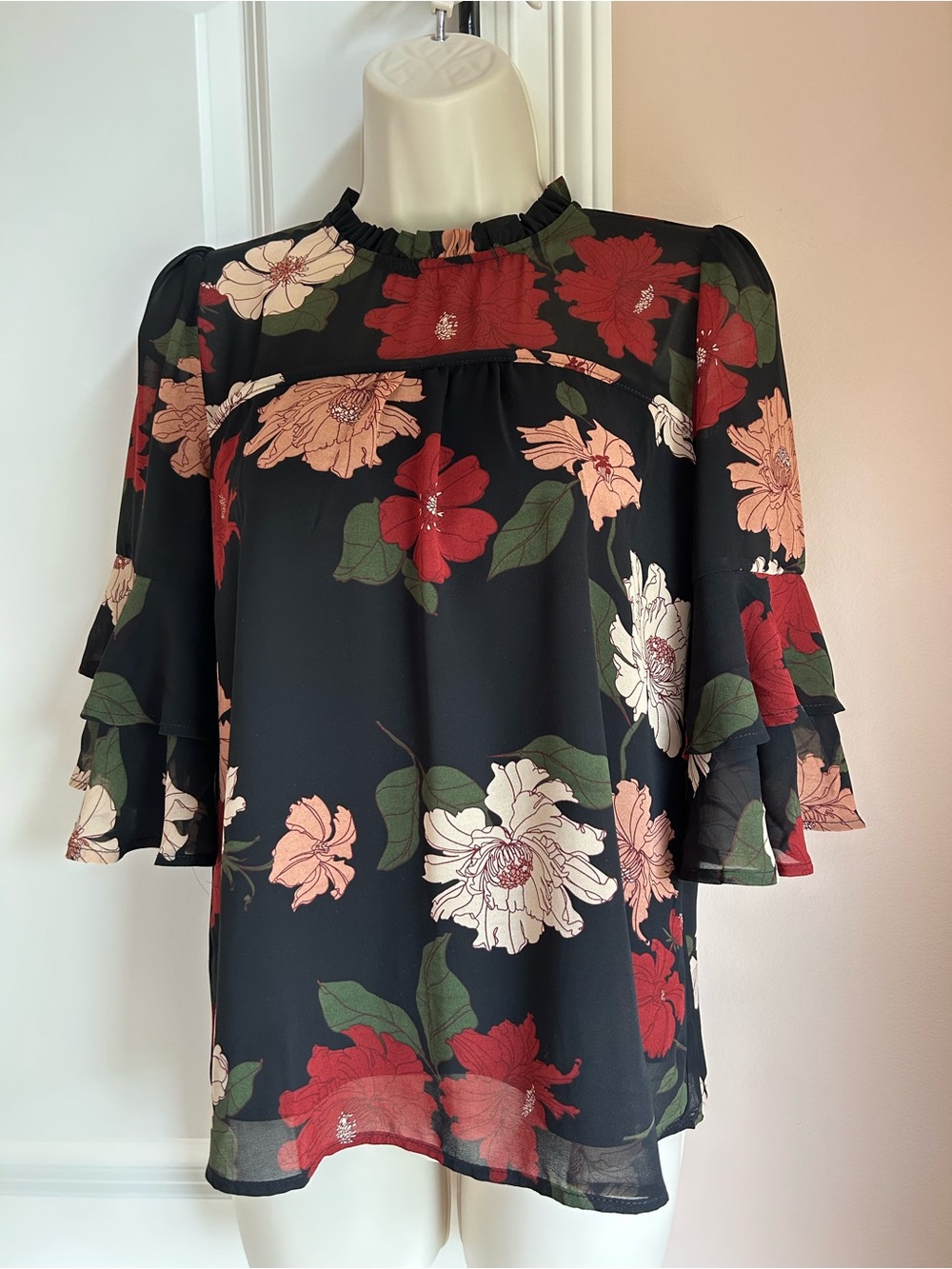 Monteau Black Floral Ruffle Sleeve Blouse with Red & Pink Flowers